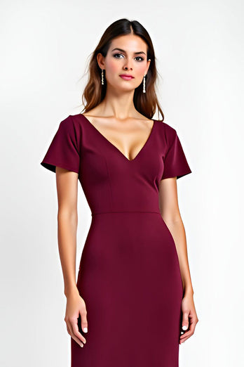 Burgundy Sheath Satin V-Neck Backless Long Formal Dress