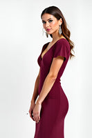Load image into Gallery viewer, Burgundy Sheath Satin V-Neck Backless Long Formal Dress