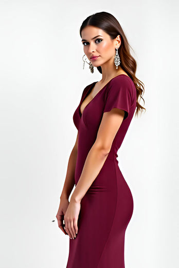 Burgundy Sheath Satin V-Neck Backless Long Formal Dress