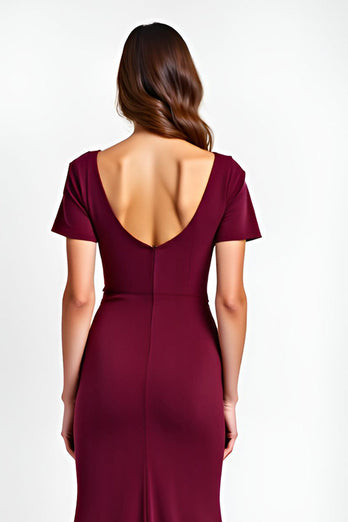 Burgundy Sheath Satin V-Neck Backless Long Formal Dress