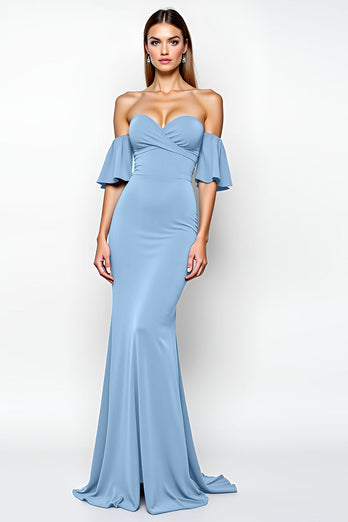 Dusty Blue Sheath Off the Shoulder Ruffled Long Prom Dress
