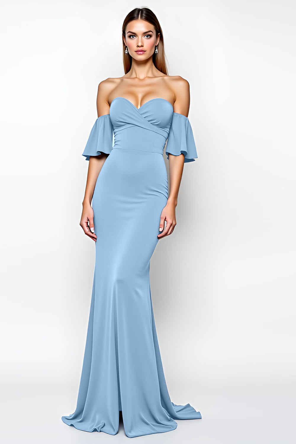 Dusty Blue Sheath Off the Shoulder Ruffled Long Prom Dress