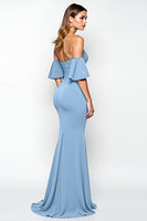 Load image into Gallery viewer, Dusty Blue Sheath Off the Shoulder Ruffled Long Prom Dress