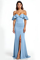 Load image into Gallery viewer, Dusty Blue Off the Shoulder Long Bridesmaid Dress with Slit