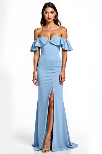 Dusty Blue Off the Shoulder Long Bridesmaid Dress with Slit