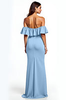 Load image into Gallery viewer, Dusty Blue Off the Shoulder Long Bridesmaid Dress with Slit