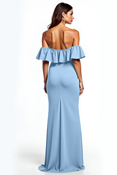 Dusty Blue Off the Shoulder Long Bridesmaid Dress with Slit