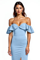 Load image into Gallery viewer, Dusty Blue Off the Shoulder Long Bridesmaid Dress with Slit