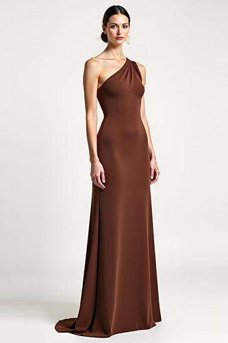 Brown Sheath Satin One Shoulder Long Prom Dress with Bow