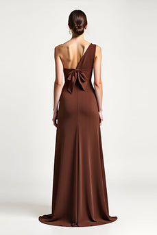 Brown Sheath Satin One Shoulder Long Prom Dress with Bow