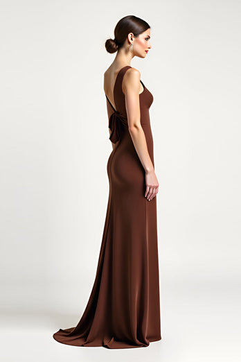 Brown Sheath Satin One Shoulder Long Prom Dress with Bow