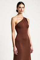 Load image into Gallery viewer, Brown Sheath Satin One Shoulder Long Prom Dress with Bow
