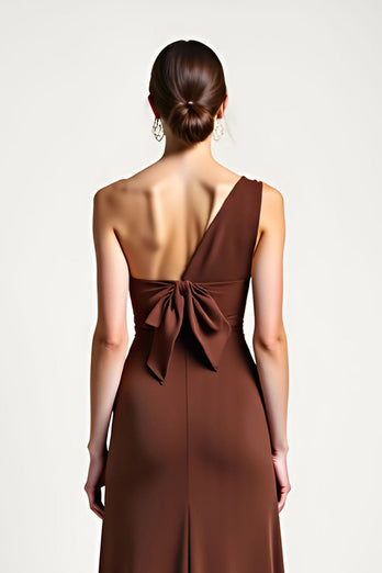 Brown Sheath Satin One Shoulder Long Prom Dress with Bow