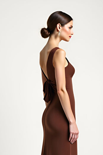Brown Sheath Satin One Shoulder Long Prom Dress with Bow