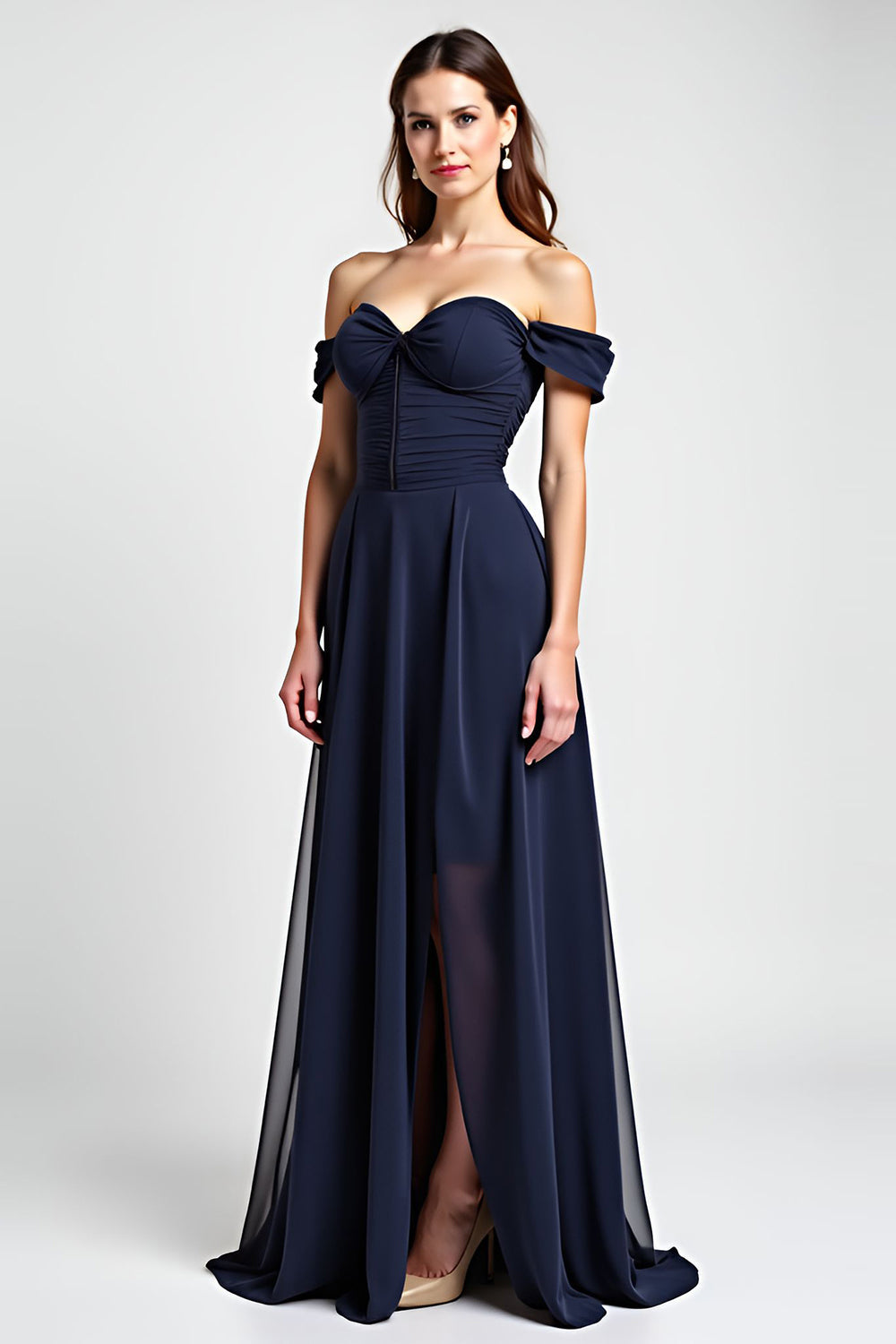 Navy A Line Chiffon Long Bridesmaid Dress