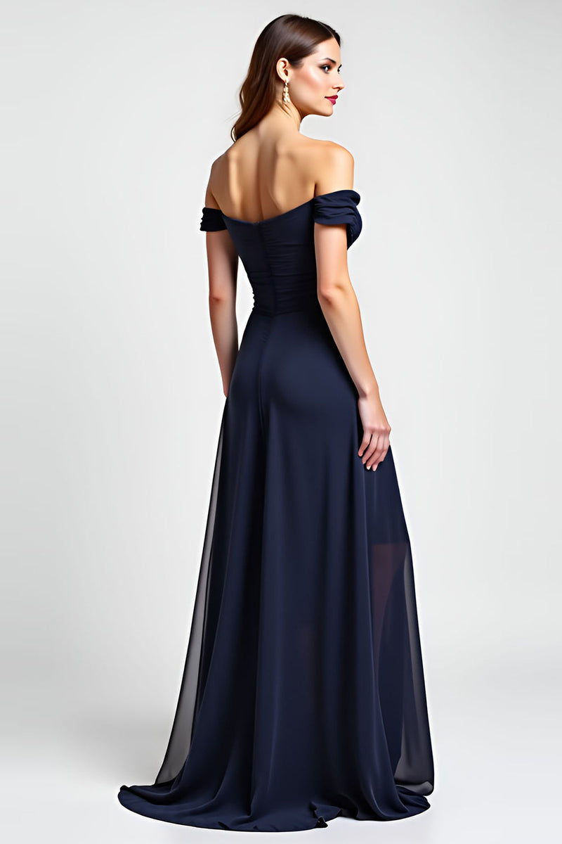 Load image into Gallery viewer, Navy A Line Chiffon Long Bridesmaid Dress