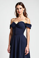 Load image into Gallery viewer, Navy A Line Chiffon Long Bridesmaid Dress