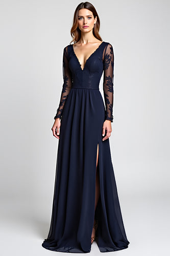 A Line Navy V-Neck Long Mother of the Bride Dress with Long Sleeves