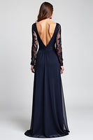 Load image into Gallery viewer, A Line Navy V-Neck Long Mother of the Bride Dress with Long Sleeves
