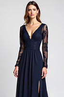 Load image into Gallery viewer, A Line Navy V-Neck Long Mother of the Bride Dress with Long Sleeves