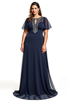 Load image into Gallery viewer, A Line Navy Boat Neck Keyhole Long Mother of the Bride Dress with Beading