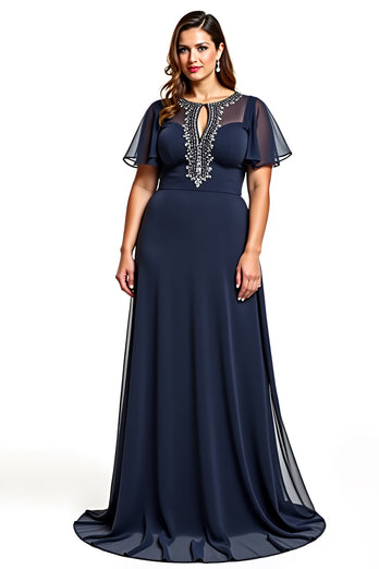 A Line Navy Boat Neck Keyhole Long Mother of the Bride Dress with Beading