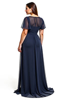 Load image into Gallery viewer, A Line Navy Boat Neck Keyhole Long Mother of the Bride Dress with Beading