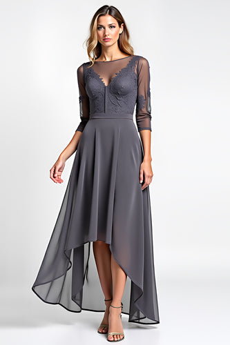 A Line Steel Grey Boat Neck High-Low Lace Mother of the Bride Dress with Sleeves