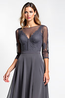 Load image into Gallery viewer, A Line Steel Grey Boat Neck High-Low Lace Mother of the Bride Dress with Sleeves