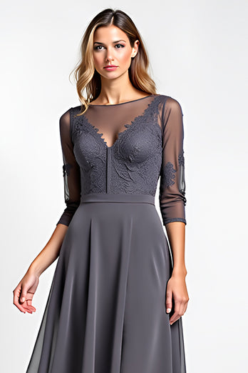 A Line Steel Grey Boat Neck High-Low Lace Mother of the Bride Dress with Sleeves