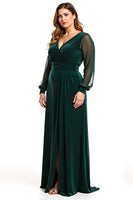Load image into Gallery viewer, Pine A Line V-Neck Long Sleeves Mother of the Bride Dress with Slit