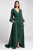 Load image into Gallery viewer, Dark Green A Line V-Neck Long Sleeve Mother of the Bride Dress With Slit
