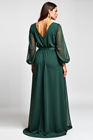 Load image into Gallery viewer, Dark Green A Line V-Neck Long Sleeve Mother of the Bride Dress With Slit