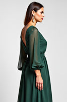 Load image into Gallery viewer, Dark Green A Line V-Neck Long Sleeve Mother of the Bride Dress With Slit