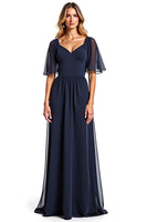 Load image into Gallery viewer, Navy A Line V-Neck Chiffon Long Mother of the Bride Dress