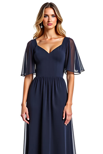 Navy A Line V-Neck Chiffon Long Mother of the Bride Dress