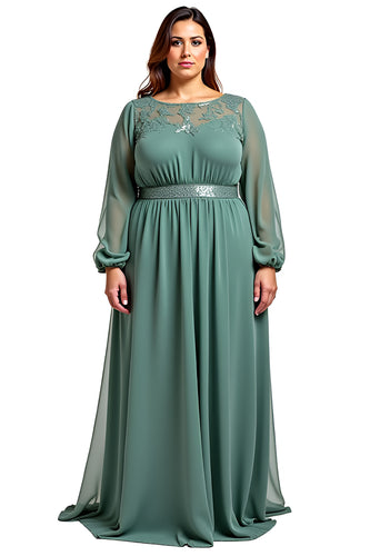 Eucalyptus Chiffon A Line Long Mother of the Bride Dress with Sleeves