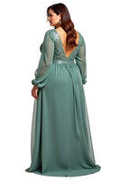Load image into Gallery viewer, Eucalyptus Chiffon A Line Long Mother of the Bride Dress with Sleeves