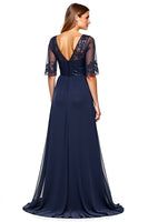 Load image into Gallery viewer, Navy A Line V-Neck Long Backless Mother of the Bride Dress with Sequins