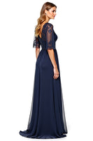 Load image into Gallery viewer, Navy A Line V-Neck Long Backless Mother of the Bride Dress with Sequins