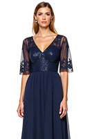 Load image into Gallery viewer, Navy A Line V-Neck Long Backless Mother of the Bride Dress with Sequins