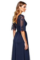 Load image into Gallery viewer, Navy A Line V-Neck Long Backless Mother of the Bride Dress with Sequins