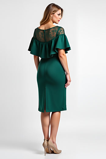 Dark Green Midi Boat Neck Ruffled Sleeve Mother of the Bride Dress with Lace