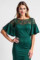 Load image into Gallery viewer, Dark Green Midi Boat Neck Ruffled Sleeve Mother of the Bride Dress with Lace