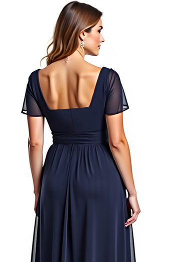 Navy Chiffon A Line Sweetheart Long Mother of the Bride Dress with Sleeves