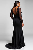 Load image into Gallery viewer, Black V-Neck Long Sleeves Chiffon Formal Dress with Slit