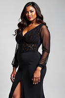 Load image into Gallery viewer, Black V-Neck Long Sleeves Chiffon Formal Dress with Slit