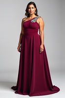 Load image into Gallery viewer, Burgundy One Shoulder A Line Long Chiffon Formal Dress with Beading