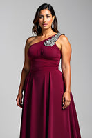 Load image into Gallery viewer, Burgundy One Shoulder A Line Long Chiffon Formal Dress with Beading