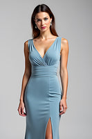 Load image into Gallery viewer, Dusty Blue Backless Mermaid Satin Formal Dress with Slit
